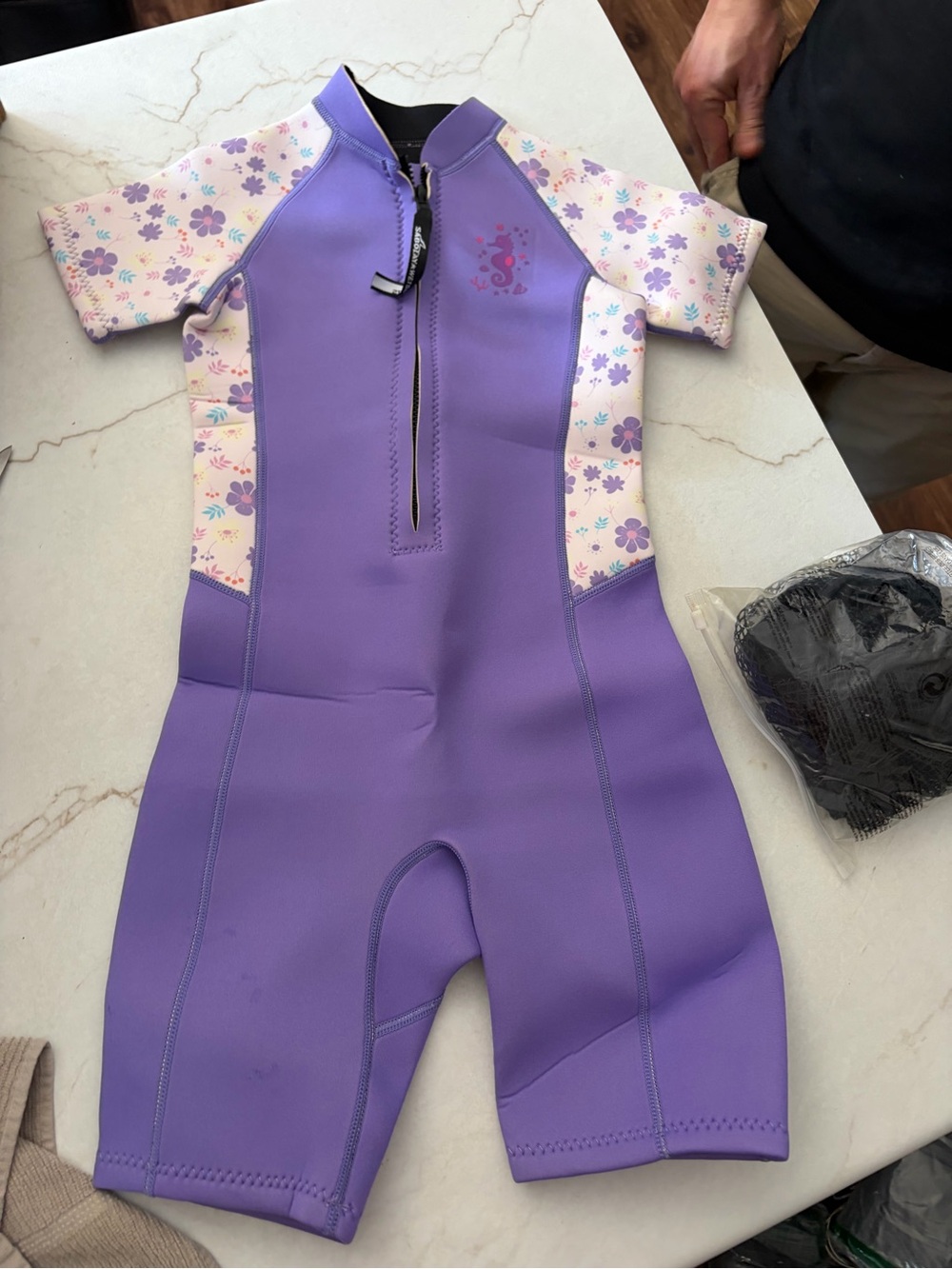 Kids Purple Floral Short Sleeve Wetsuit - Swim Trunks